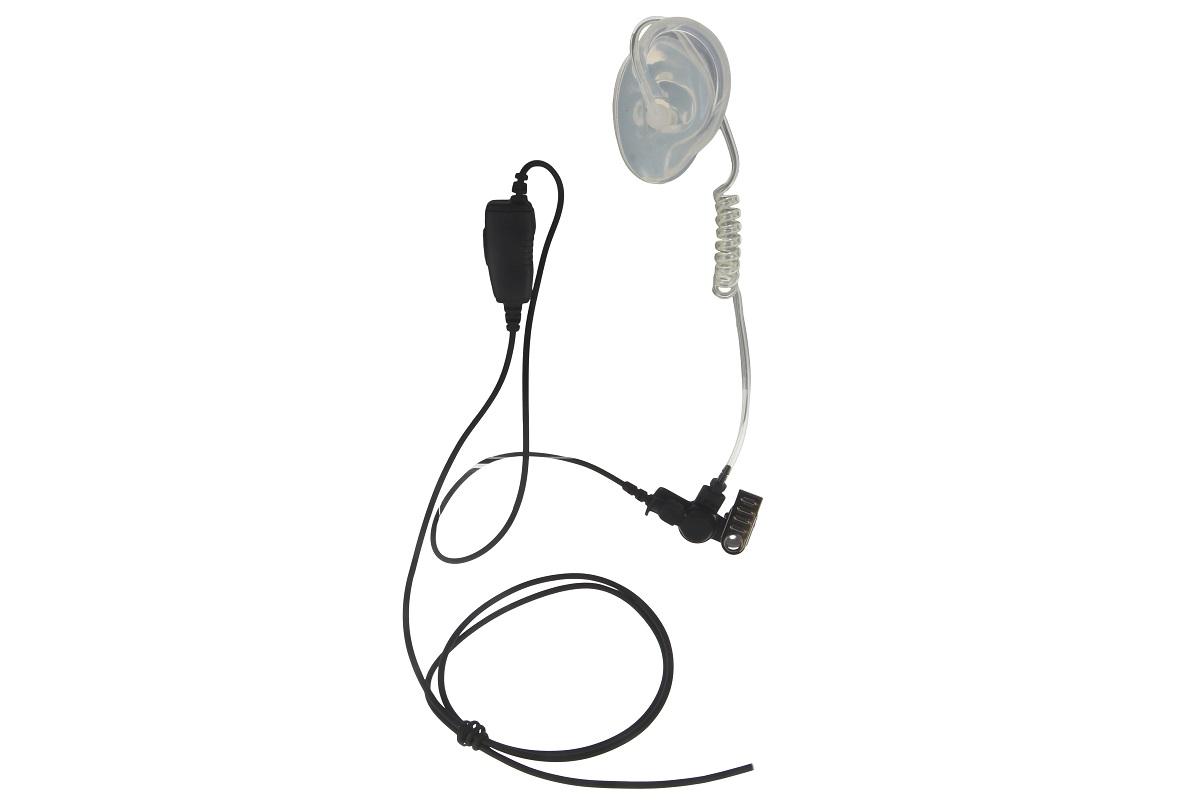 Ohrhörer mit transparentem Schlauch und schwarzem Kabel mit Clip.