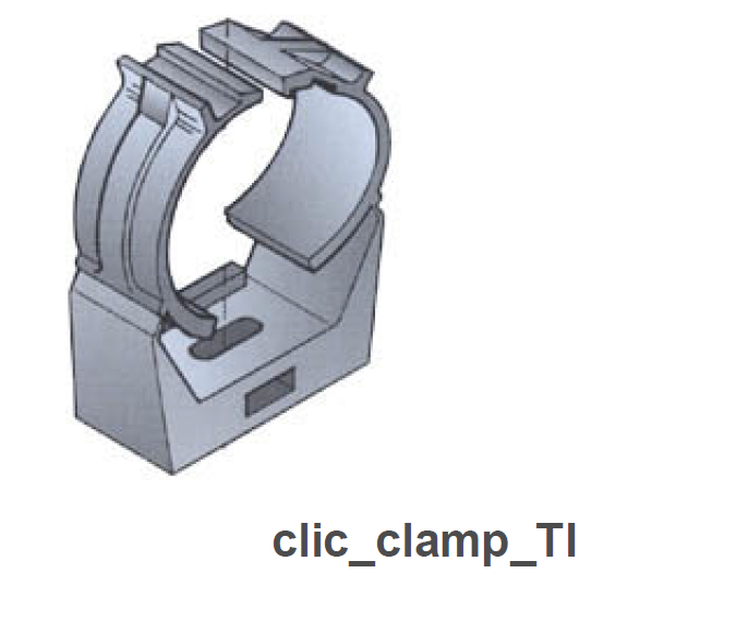 Graue Montageschelle mit rechteckiger Basis, geöffnetem Klemmmechanismus.