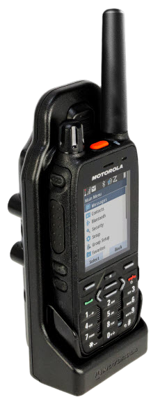 Two-way radio with antenna and keypad, Motorola logo visible on the screen.