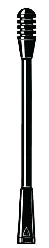 Black microphone with slender, long neck, round grille opening at top.