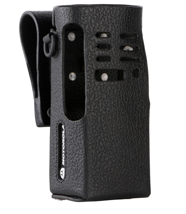Schwarze Lederhülle mit Öffnungen und Gürtelclip.
