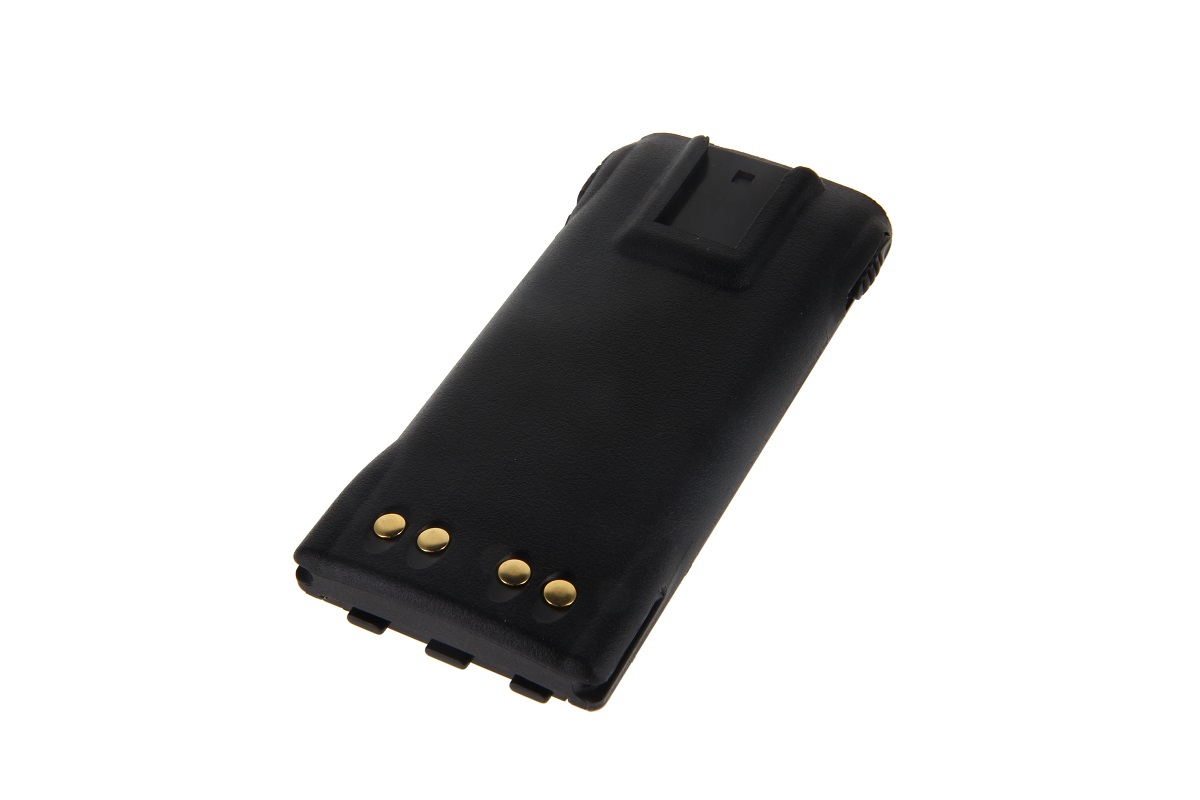 Black battery with three gold contacts, rectangular shape.