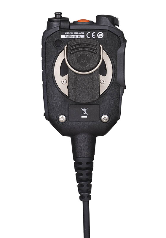 Rückseite eines schwarzen Funkmikrofons mit Gürtelclip und Kabelanschluss.