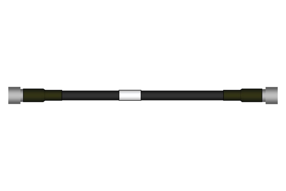 Kabel mit zwei silbernen Anschlüssen an den Enden und einem weißen Mittelteil.