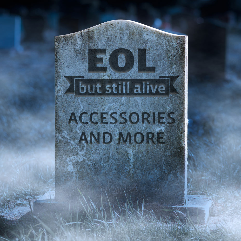 Grabstein mit Aufschrift: EOL but still alive, Accessories and more.