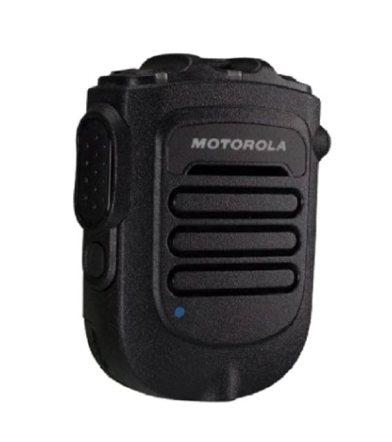 Black Motorola handheld radio with buttons, front view.
