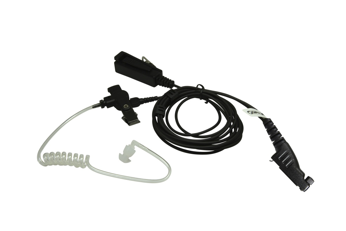 Schwarzes Sicherheits-Ohrhörer mit Spiralkabel und Clip.