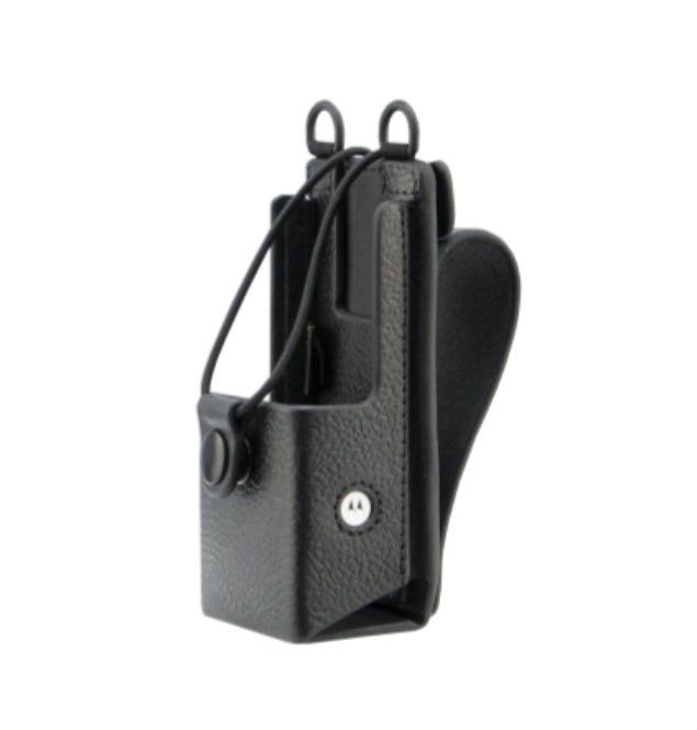 Black leather case for radio with belt loop and snap fastener.