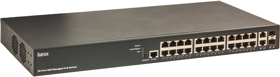 26-port Ethernet switch with PoE support and black casing.