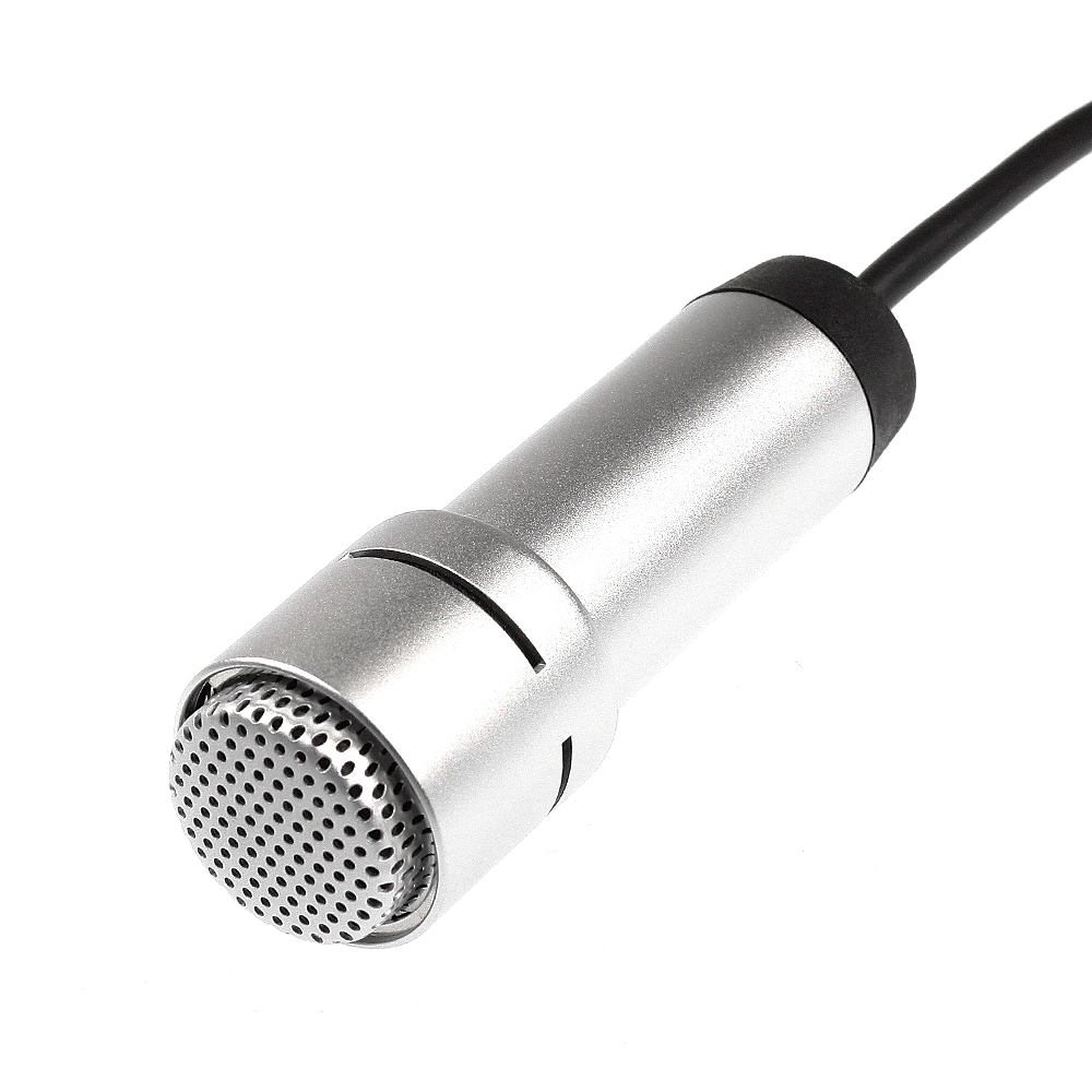 Silver microphone with cable on white background.