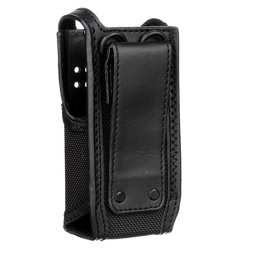 Schwarze Leder- und Mesh-Tasche mit Gürtelclip.