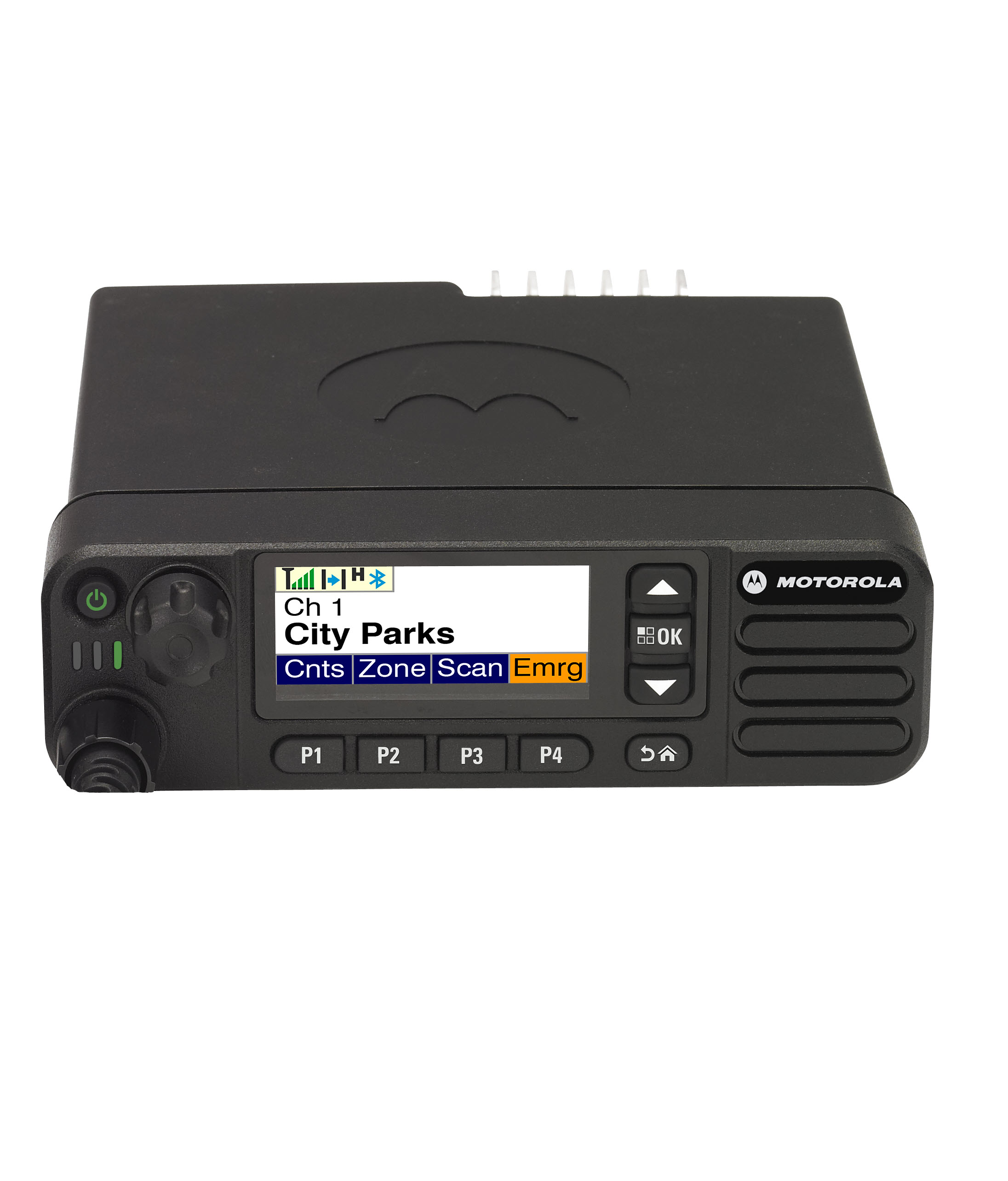 Radio device display shows: Channel 1, City Parks, functions Cnts, Zone, Scan, Emrg.