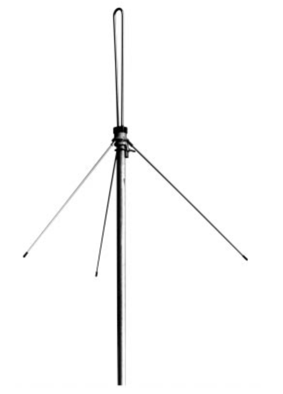 Three-legged metal antenna with a long vertical element on top.