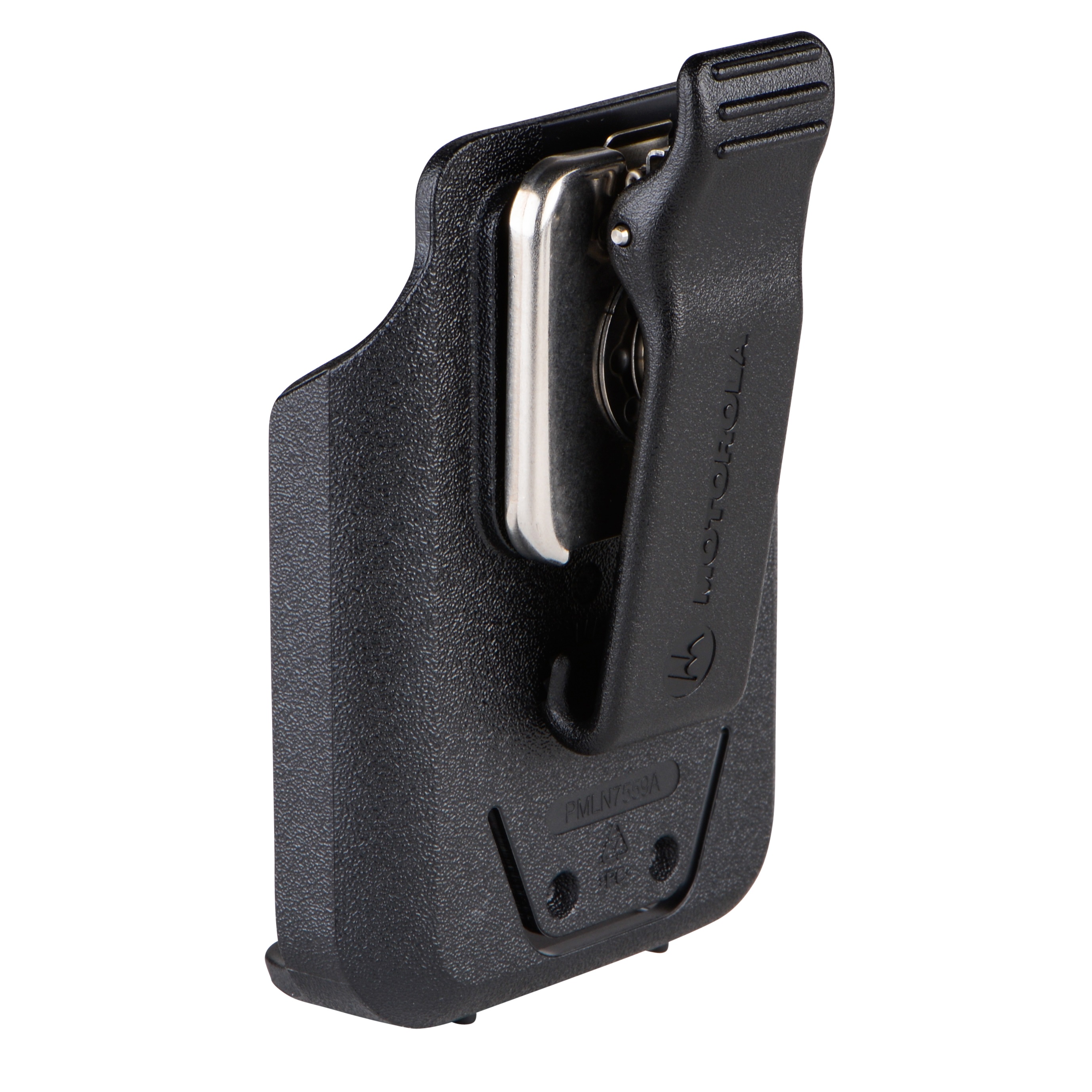 Schwarz-silberner Halter mit Clip aus Kunststoff für Mobilgeräte.