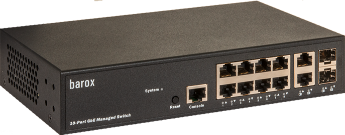 Black 10-port GBE managed network switch with LED indicators.