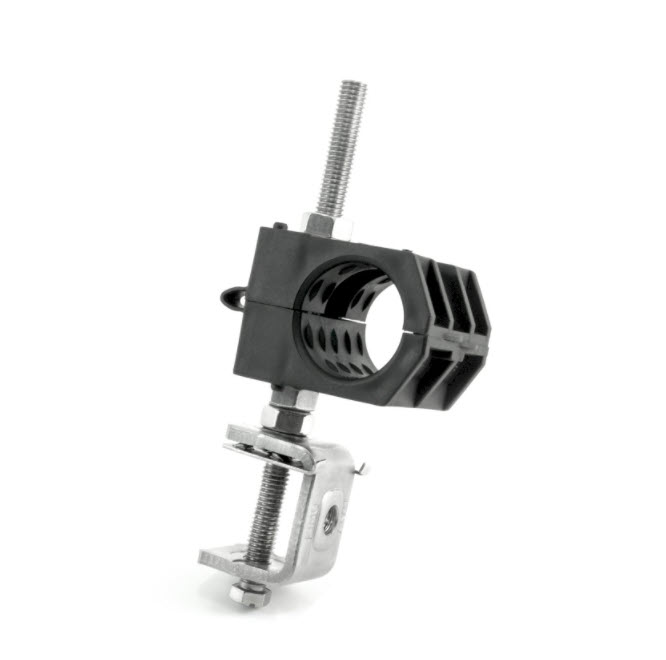 7000-00752695_fim_01.jpg Black plastic pipe clamp with metal fasteners.