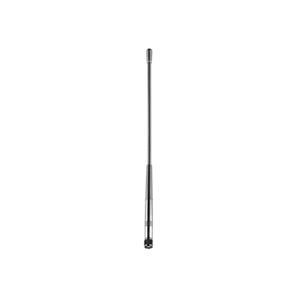 Schwarze Teleskopantenne, vertikal ausgerichtet, vor weißem Hintergrund.