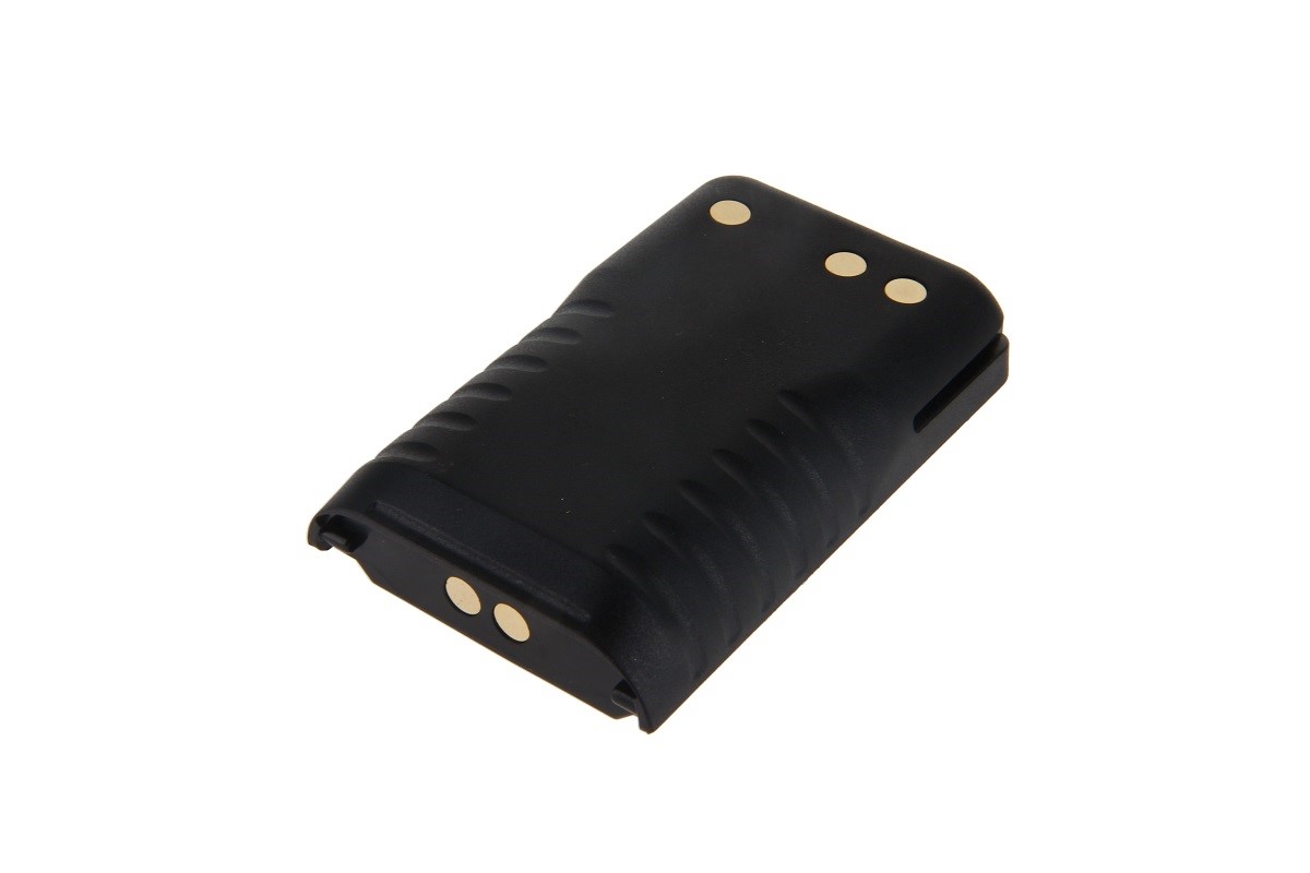 Black battery with gold contacts, rectangular with beveled edges.
