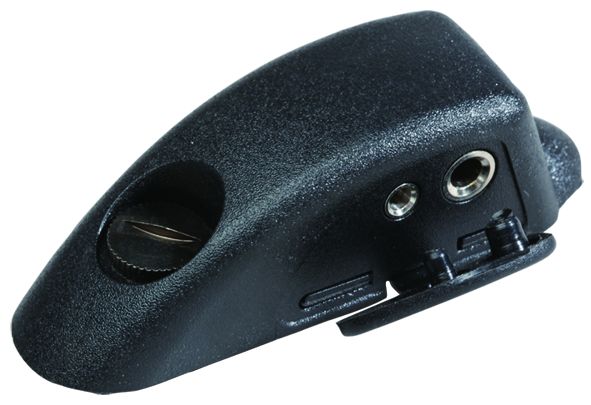 Schwarzer Satteldeckel für E-Bike Akku mit Schalter und zwei Anschlüssen.