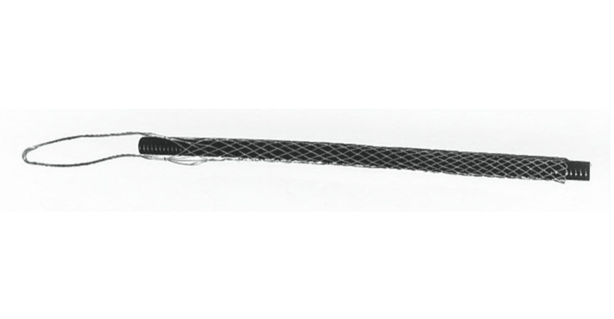 Black cable protection device with mesh structure and pull loop.
