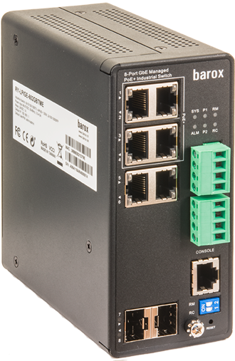 8-port industrial switch with PoE, four Ethernet ports, two fiber ports and console.