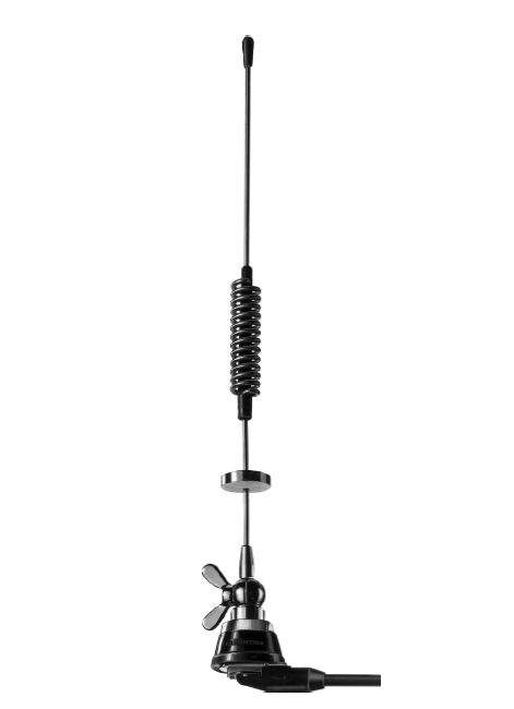 Black and silver car antenna with coil spring and magnetic base.