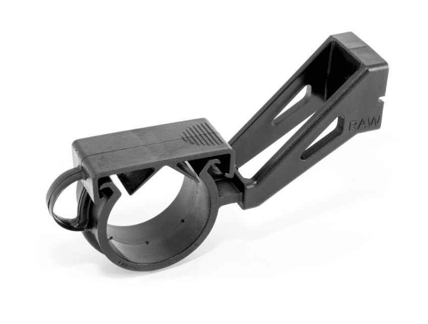 Black plastic clamp with long, triangular support.