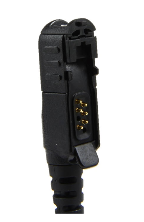 Schwarzer elektronischer Stecker mit sechs Metallstiften.