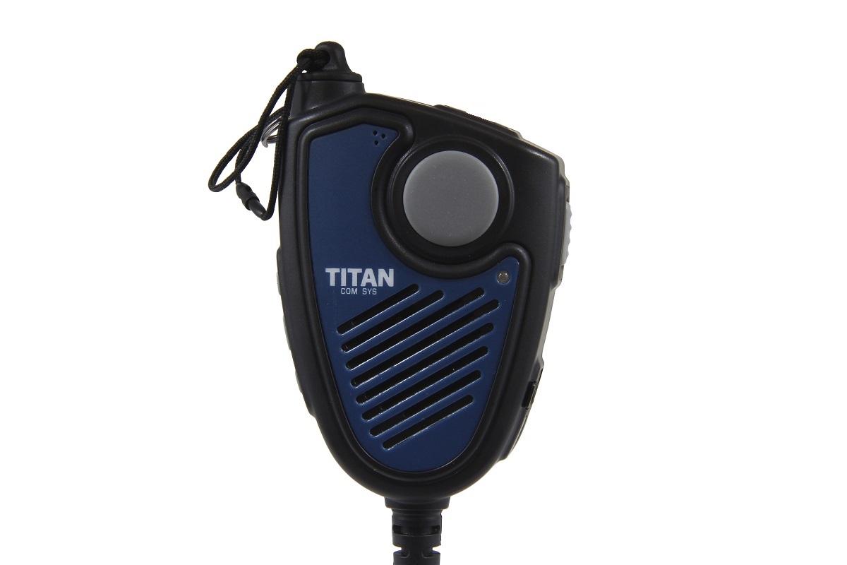 Handheld speaker microphone with speaker, cable remote, black border, and blue housing.