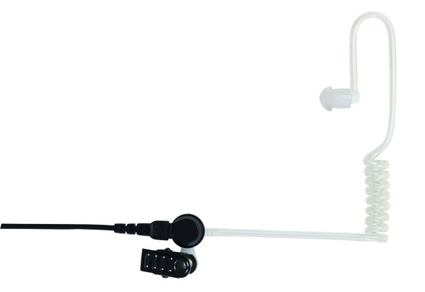 Coiled earpiece with transparent tube and black clip.