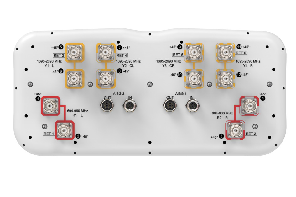 Back of an electronic panel with coaxial and multi-pin connectors.