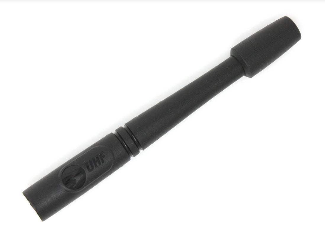 Schwarze UHF-Antenne, zylindrisch mit breiterer Basis.