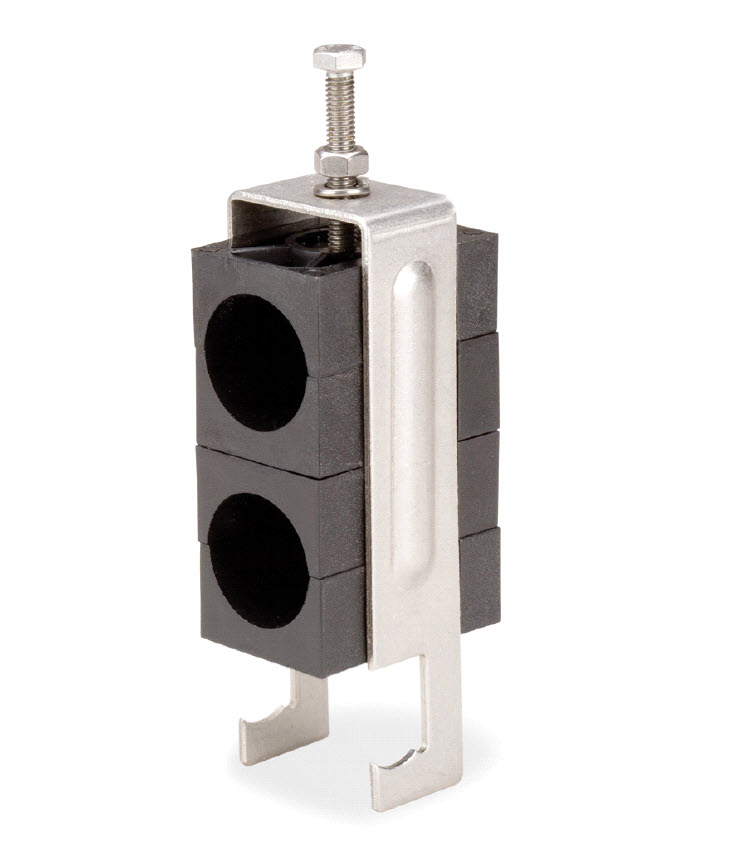 7000-00077300_com_01.jpg Doppelte Rohrschelle mit zwei Kunststoffhaltern und Metallschraube