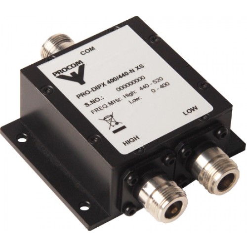 Schwarzes elektronisches Gerät, Procom, mit Anschlüssen und Schaltern für unterschiedliche Frequenzbereiche.