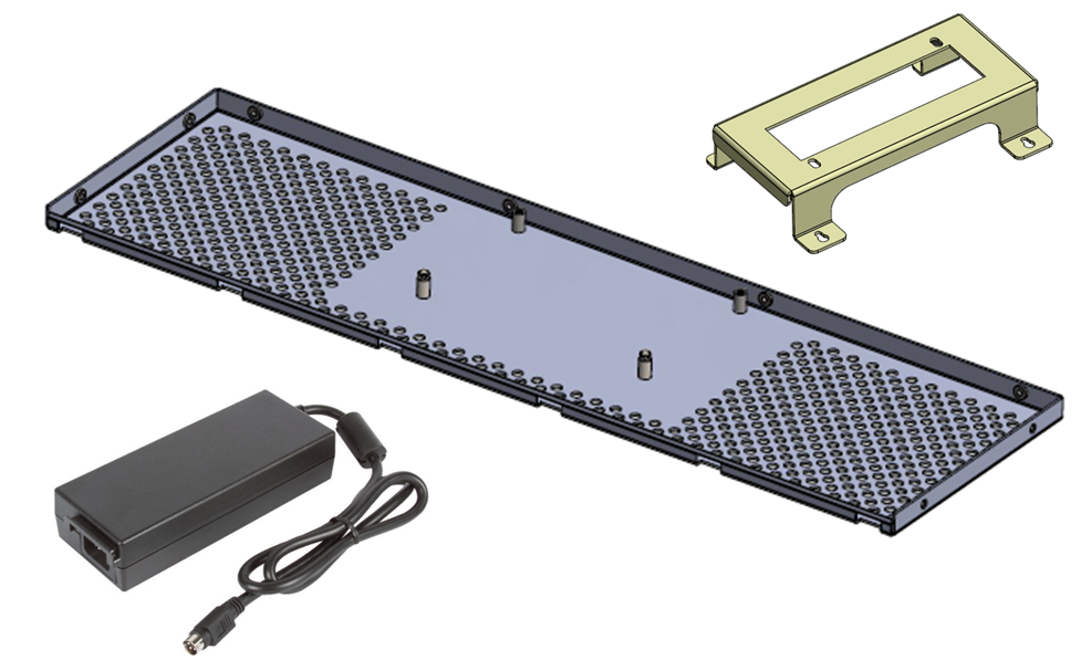 Electronic components: metal plate with holes, bracket, and power supply.