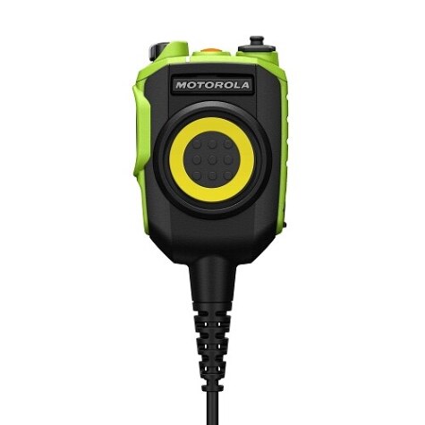 Green walkie-talkie with yellow button and cable