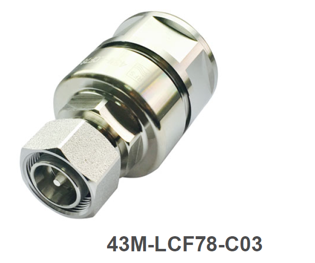Koaxialstecker aus Metall mit Produktcode 43M-LCF78-C03.
