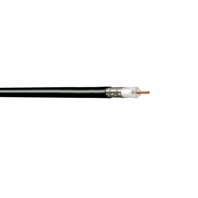 Coaxial cable with black insulation and copper core, partially exposed.