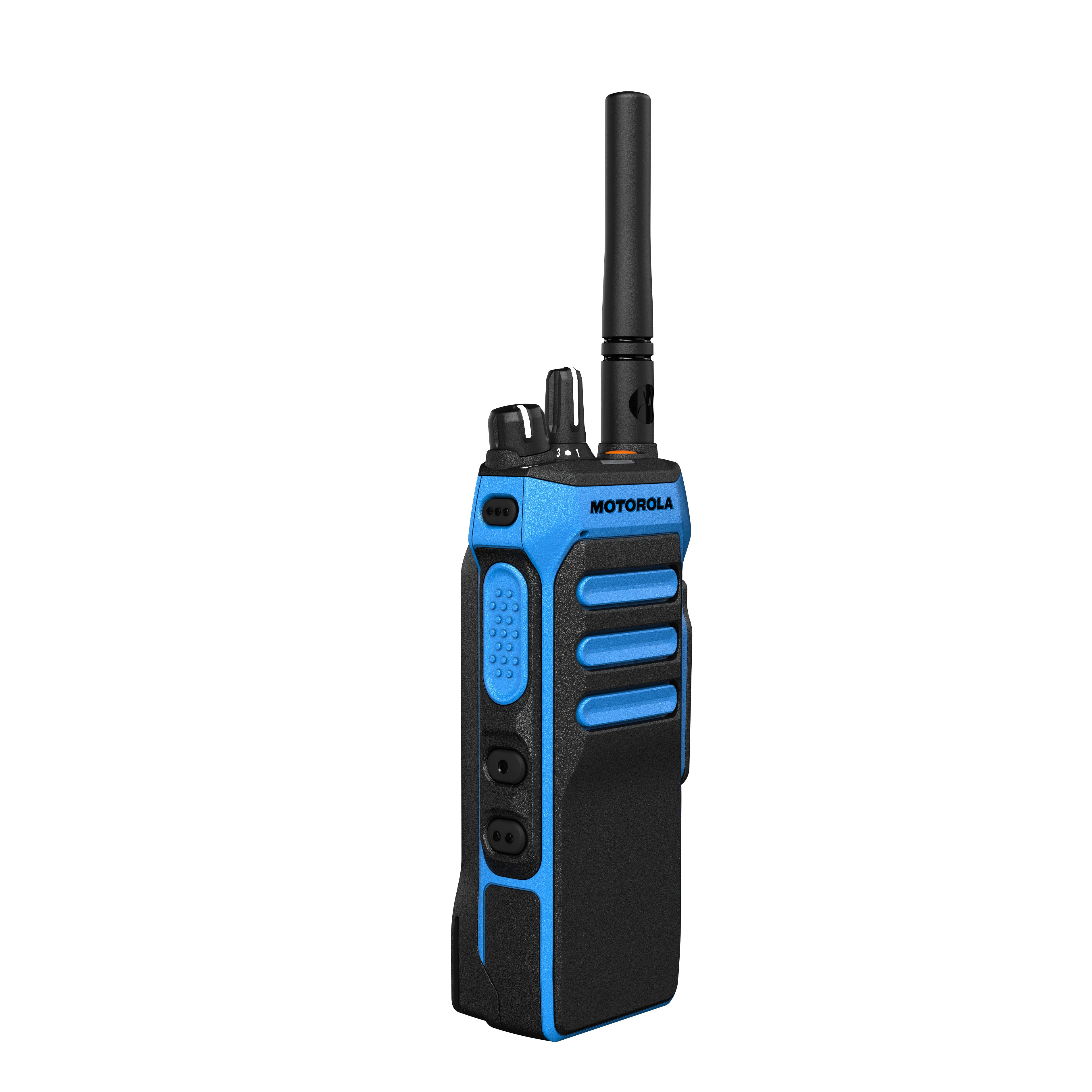 Blue-black two-way radio with controls and antenna.