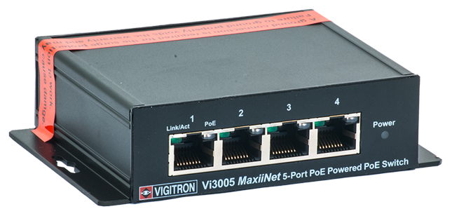 Network switch with five Ethernet ports and Power over Ethernet support.