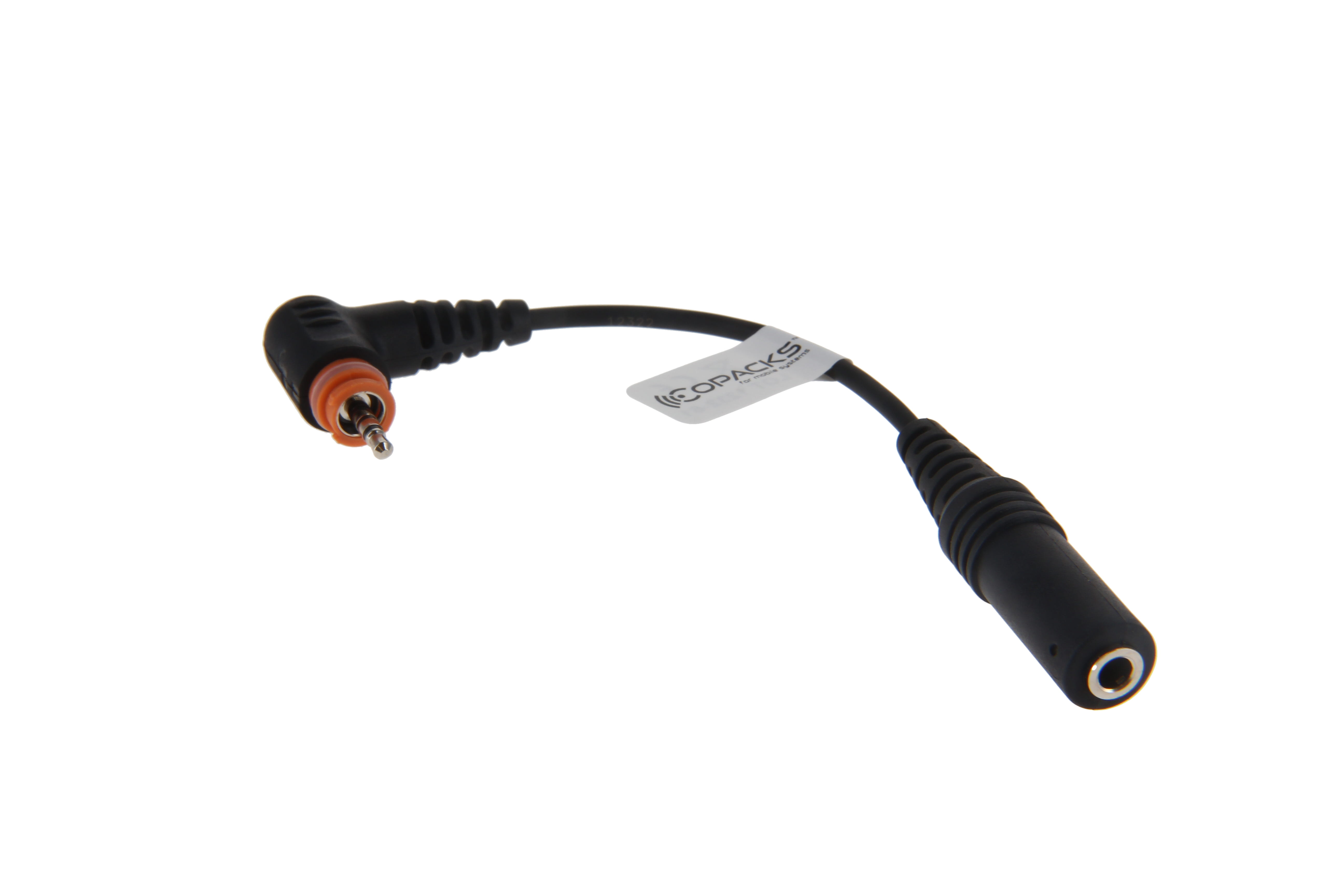 Schwarzes Audiokabel mit Winkelstecker und Kopfhörerbuchse.