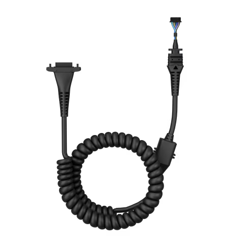 Black coiled adapter cable with two different ends.