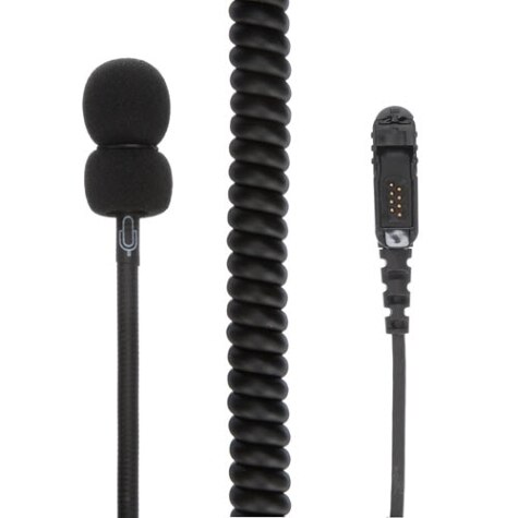 Schwarz gefedertes Kabel mit Mikrofon und Anschlussstecker.