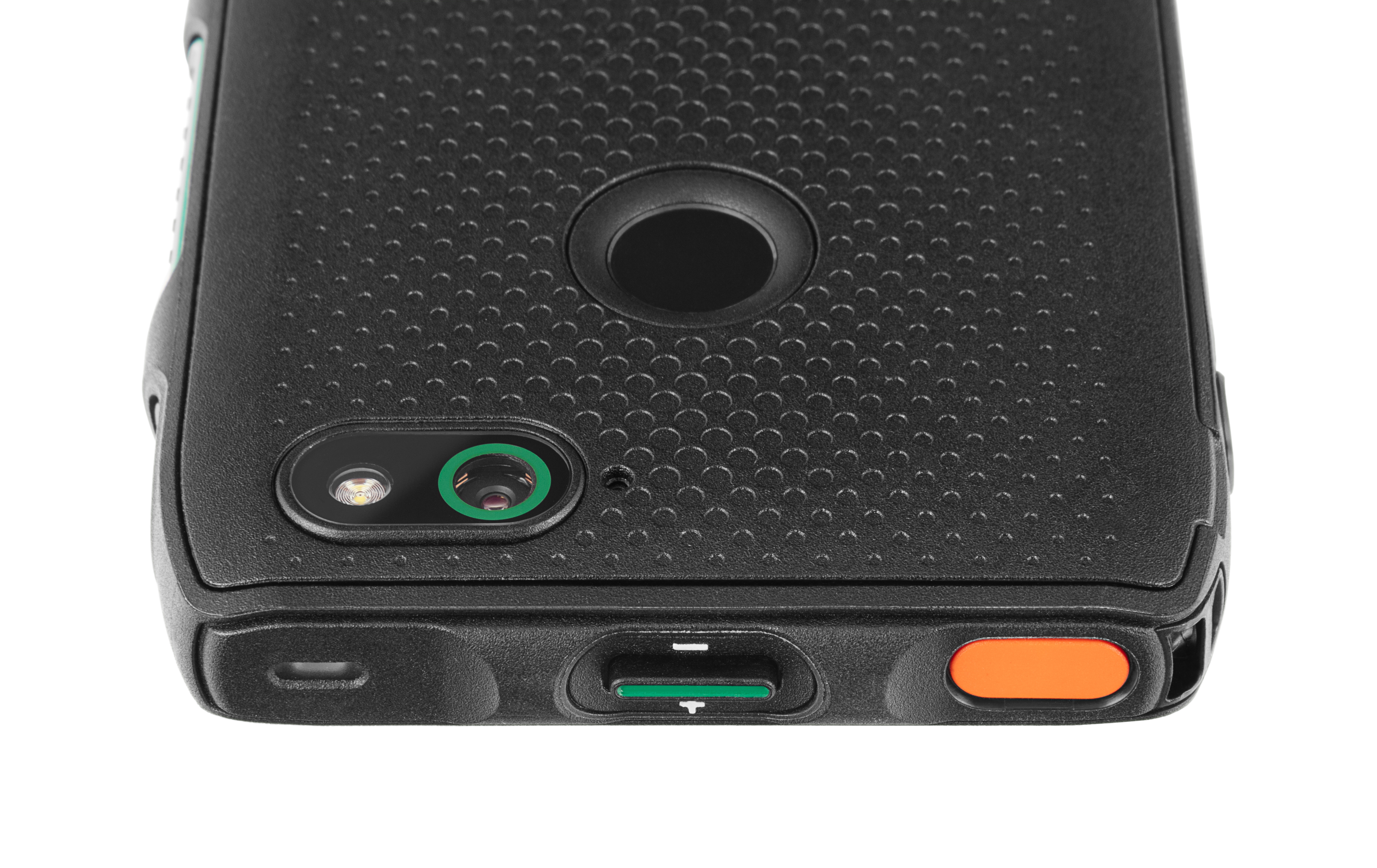 Back of a black smartphone with texture, camera, and orange button.