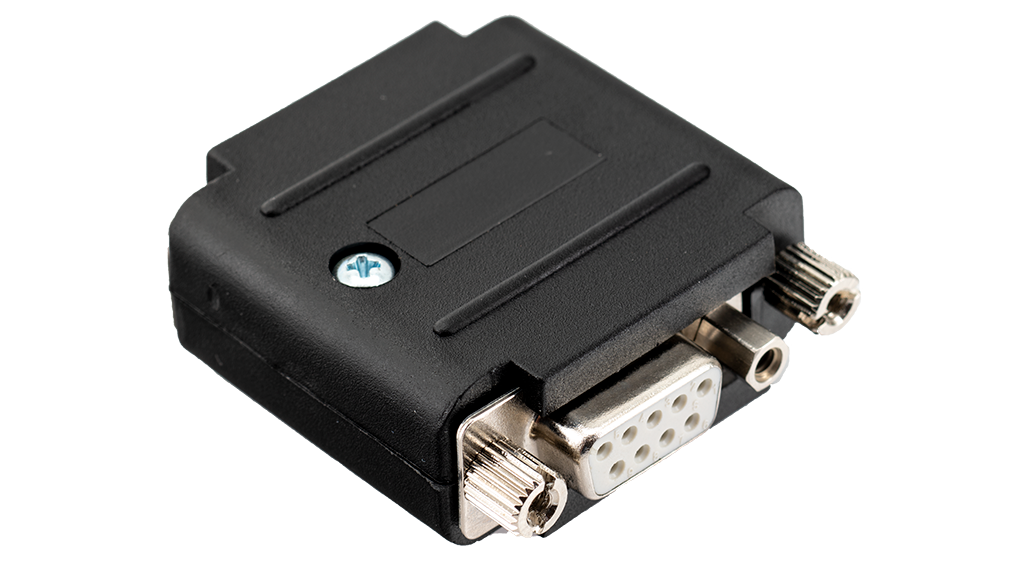 Schwarzer VGA-Adapter mit Metallschrauben und Stecker.