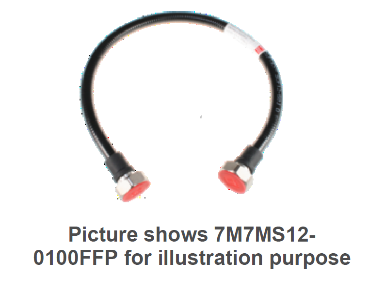 Koaxialkabel mit roten Endkappen, Modell 7M7MS12-0100FFP.