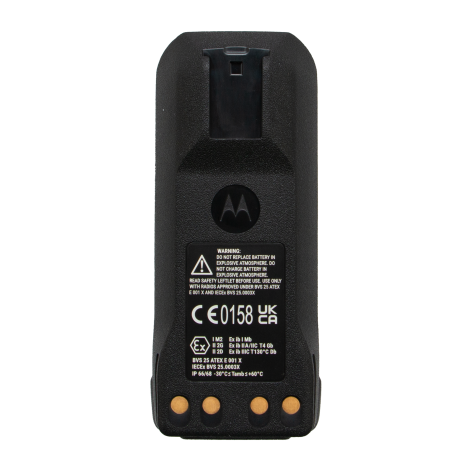 Black battery with CE mark and safety warnings, three contact points at bottom.