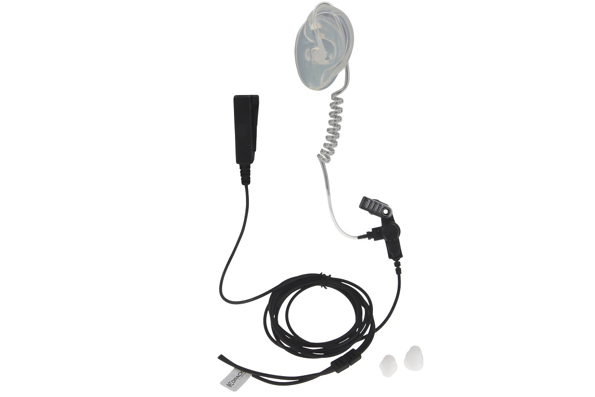 Earpiece with clear tube, black cable, and two white ear tips.