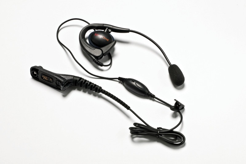 Schwarz-graues Headset mit Ohrbügel, Mikrofon und Kabel mit Clip.