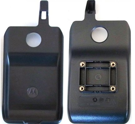Two black covers with mounts and round cutouts at the top.